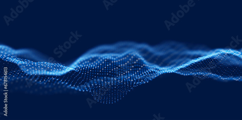 Wave of blue particles. Abstract technology flow background. Sound mesh pattern or grid landscape. Digital data structure consist dot elements. Future vector illustration. photo