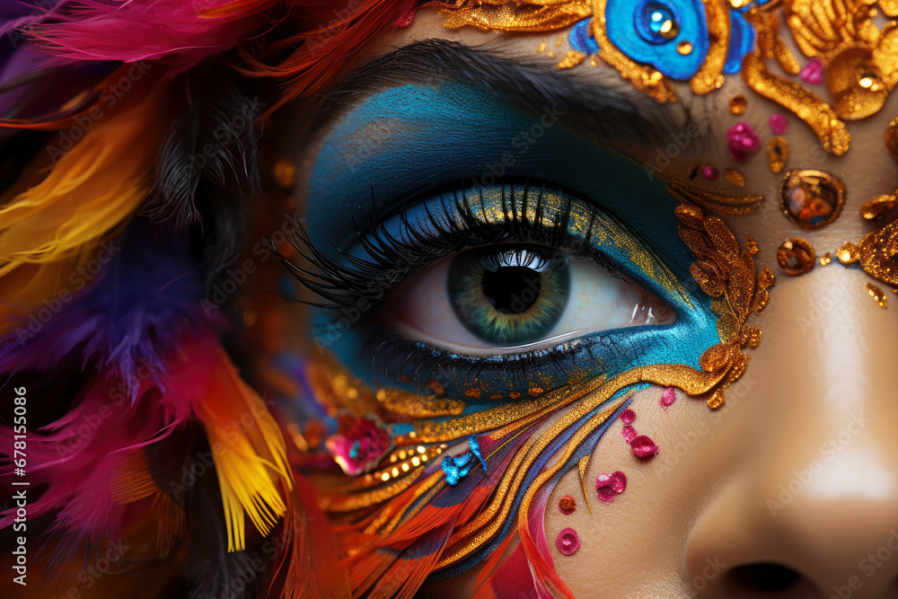 Female green eye with bright and colorful carnival makeup with feathers, eye shadow, mascara and contact lenses close-up, face art