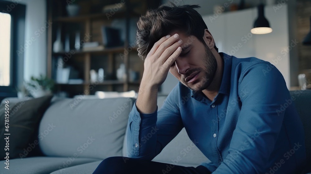 Young male holding his head in home environment. Headache and tiredness. Depressive state. Poor health and symptoms of a cold Young male holding his head in home environment. Headache and tiredness. Depressive state. Poor health and symptoms of a cold