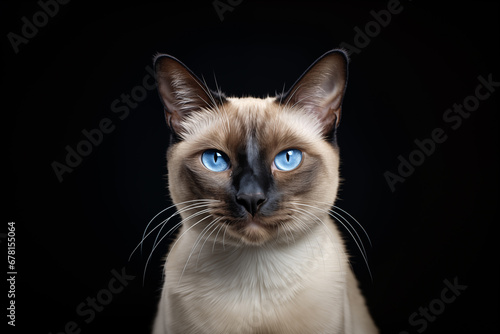Portrait of a Siamese cat, known for its distinctive color points and striking blue almond-shaped eyes