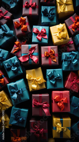 Colorful gift boxes with ribbons on black background. Top view.
