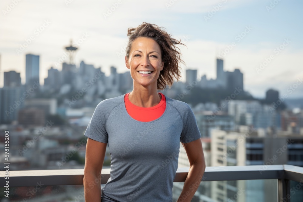 Portrait of a grinning woman in her 40s wearing a moisture-wicking running shirt against a vibrant city skyline. AI Generation