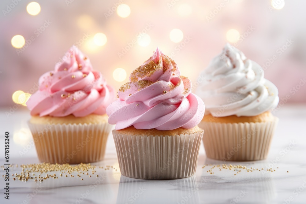 Pink cupcake with whipped cream, golden sprinkles on pink bokeh background. Close up. Merry Christmas. Valentines day romantic dessert.