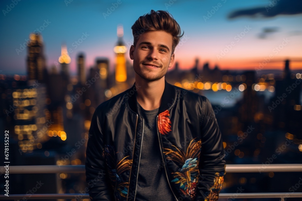 Portrait of a content man in his 20s wearing a trendy bomber jacket against a vibrant city skyline. AI Generation