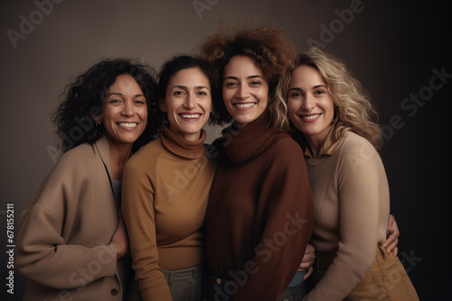 Portrait of four women middle age in a close  affectionate embrace  exuding a sense of unity and genuine happiness