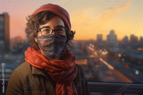 Portrait of a satisfied woman in her 40s wearing a protective neck gaiter against a vibrant city skyline. AI Generation photo