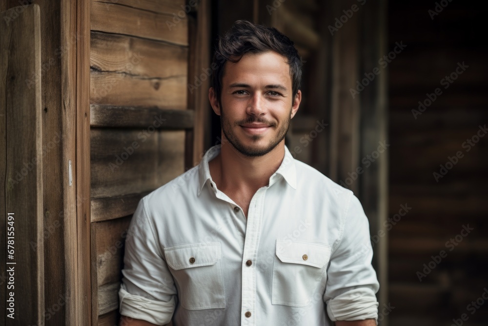 Fototapeta premium Portrait of a tender man in his 20s sporting a vented fishing shirt against a rustic wooden wall. AI Generation