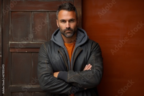 Portrait of a tender man in his 40s sporting a stylish varsity jacket against a rustic wooden wall. AI Generation