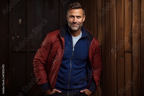 Portrait of a tender man in his 40s sporting a stylish varsity jacket against a rustic wooden wall. AI Generation © CogniLens