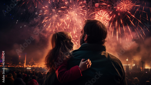 A little girl sitting on her father's shoulders marvels at a large fireworks display on New Year's Eve