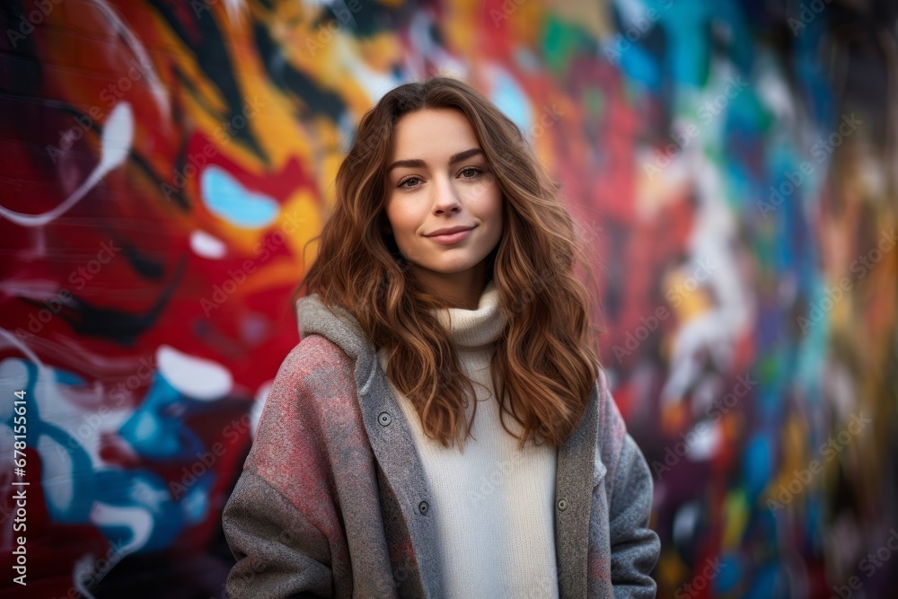 Portrait of a content woman in her 20s dressed in a warm wool sweater against a colorful graffiti wall. AI Generation Portrait of a content woman in her 20s dressed in a warm wool sweater against a colorful graffiti wall. AI Generation