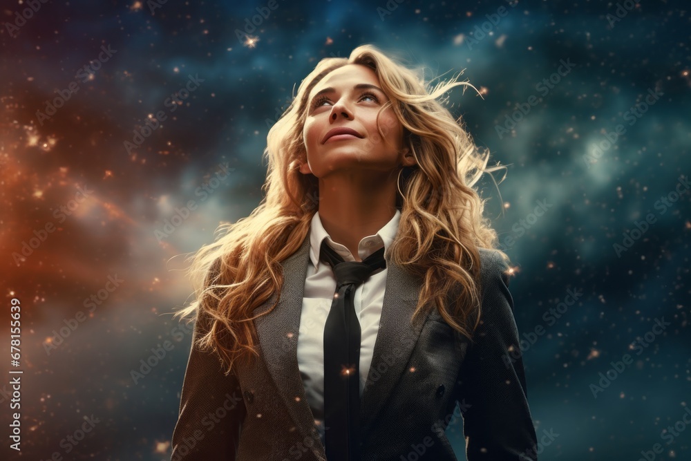 Portrait of a glad woman in her 40s wearing a professional suit jacket against a sparkling night sky. AI Generation Portrait of a glad woman in her 40s wearing a professional suit jacket against a sparkling night sky. AI Generation