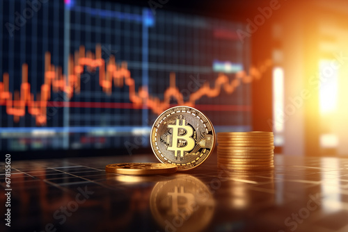 Bitcoin coin against the blurry background of fluctuating market charts, representing the volatile and exciting world of cryptocurrency