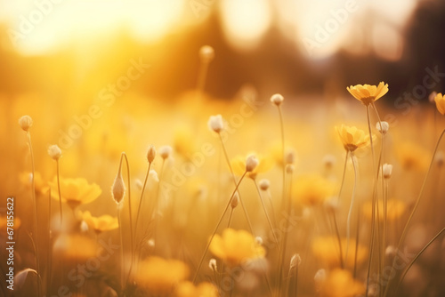 Relaxing soft focus sunset field landscape of yellow flowers grass meadow warm golden hour sunset sunrise, Tranquil spring summer nature closeup and blurred forest background, Idyllic floral bloom © alisaaa