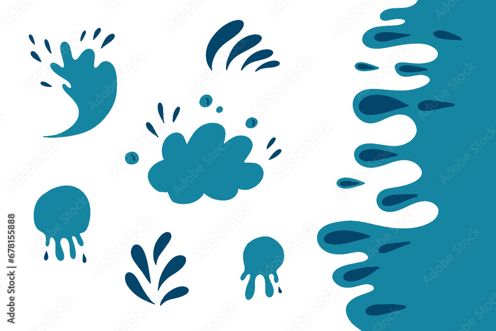 Water drops and splash silhouette in simple doodle style. Set different liquid shapes and silhouette.