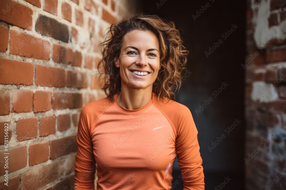 Portrait of a grinning woman in her 40s sporting a technical climbing shirt against a vintage brick wall. AI Generation