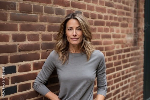 Portrait of a content woman in her 40s showing off a thermal merino wool top against a vintage brick wall. AI Generation