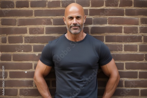 Portrait of a glad man in his 40s donning a trendy cropped top against a vintage brick wall. AI Generation