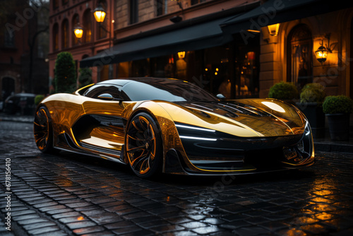 Futuristic golden sports super concept car in the city, street racing on expensive exclusive luxury auto photo