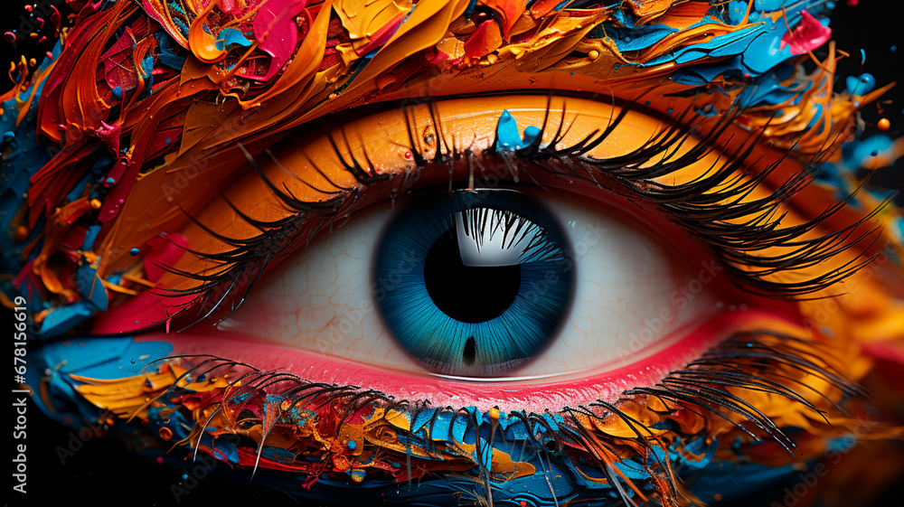 close up of a eye in the colors of the paint.