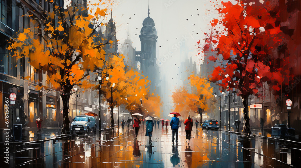 abstract painting in the autumn rainy city