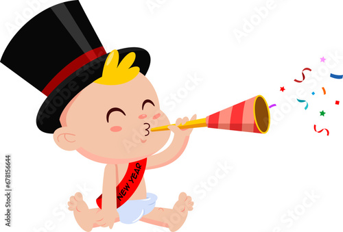 Cute New Year Baby Cartoon Character Blow In Foil Party Horn. Vector Illustration Flat Design Isolated On Transparent Background