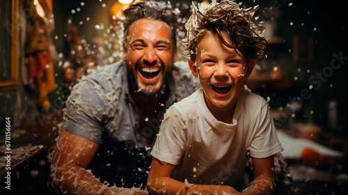 young father and his son in a bathroom.