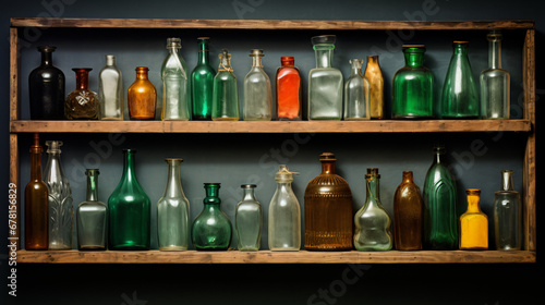 Empty glass bottles on a shelf.