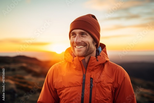 Portrait of a smiling man in his 30s wearing a windproof softshell against a vibrant sunset horizon. AI Generation