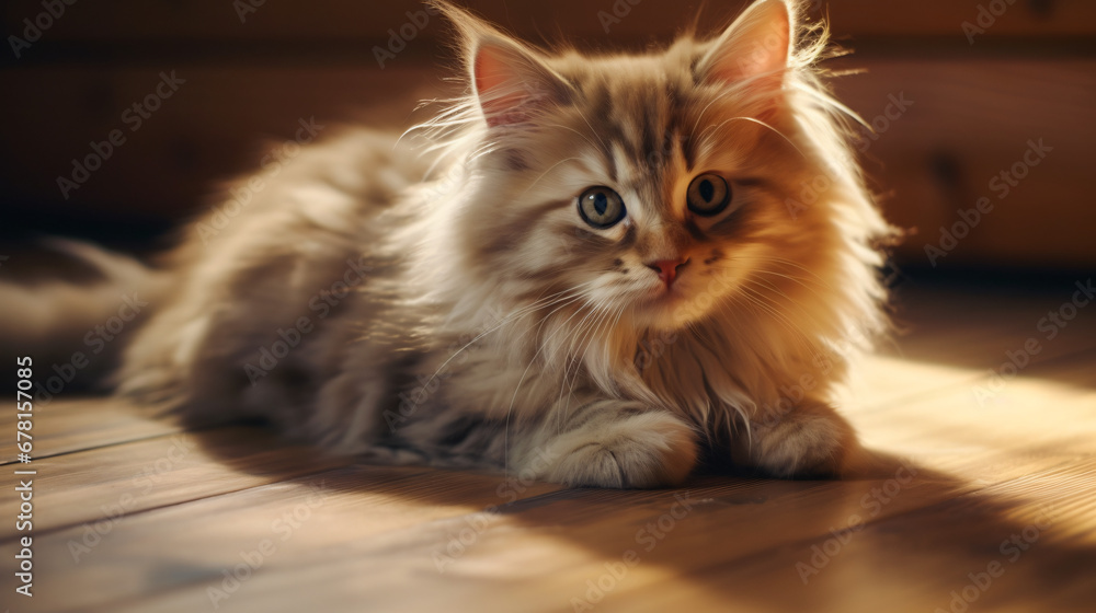 A Cute Young Fluffy Cat Lies In A Room On A Wooden FLOOR