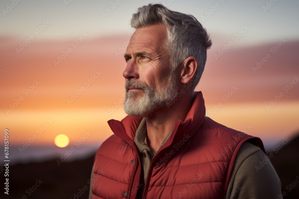 Portrait of a glad man in his 50s dressed in a water-resistant gilet against a vibrant sunset horizon. AI Generation Portrait of a glad man in his 50s dressed in a water-resistant gilet against a vibrant sunset horizon. AI Generation