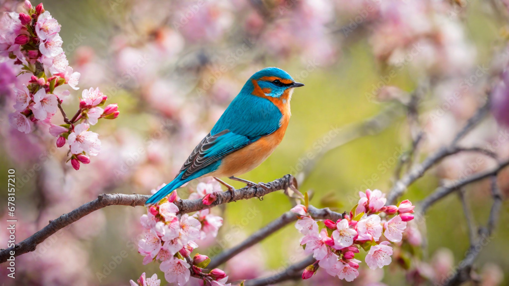 Little spring bird on a branch of a blossoming tree, blooming pink flowers, songbird in springtime Little spring bird on a branch of a blossoming tree, blooming pink flowers, songbird in springtime