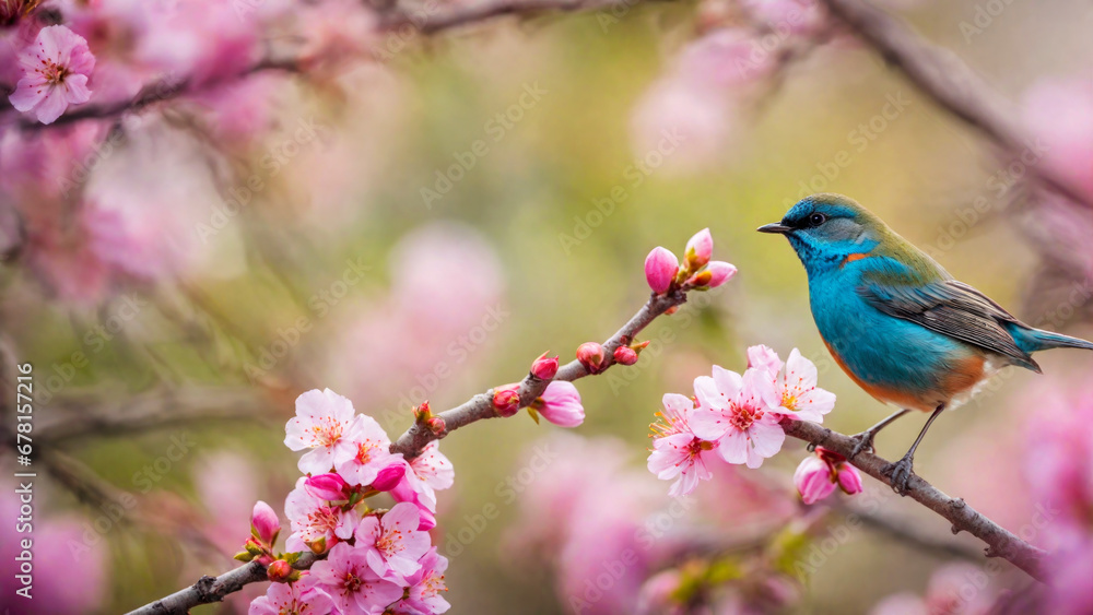 Little spring bird on a branch of a blossoming tree, blooming pink flowers, songbird in springtime Little spring bird on a branch of a blossoming tree, blooming pink flowers, songbird in springtime