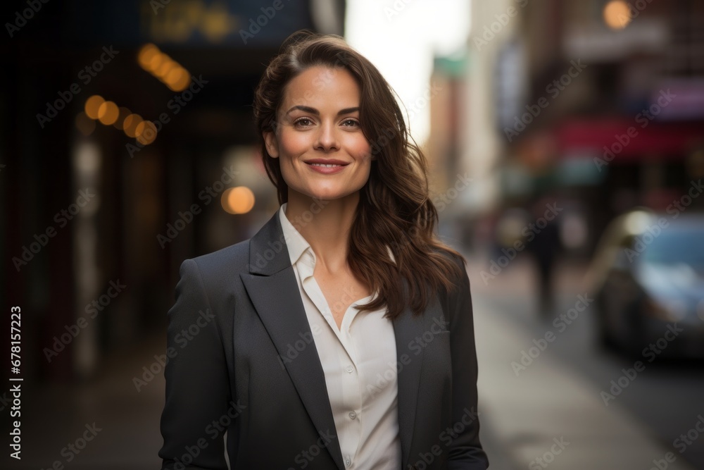 Portrait of a cheerful woman in her 30s wearing a professional suit jacket against a busy urban street. AI Generation Portrait of a cheerful woman in her 30s wearing a professional suit jacket against a busy urban street. AI Generation