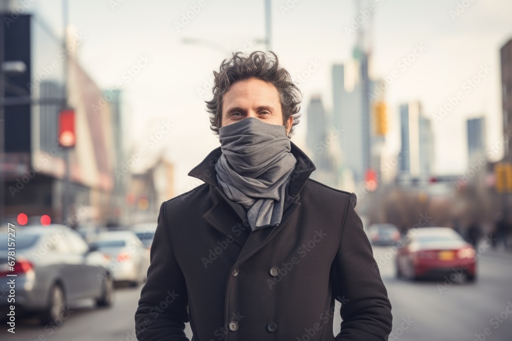 Portrait of a happy man in his 40s wearing a protective neck gaiter against a busy urban street. AI Generation Portrait of a happy man in his 40s wearing a protective neck gaiter against a busy urban street. AI Generation