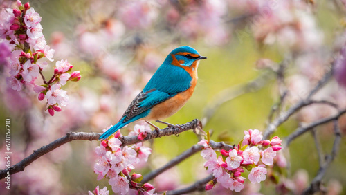 Little spring bird on a branch of a blossoming tree, blooming pink flowers, songbird in springtime