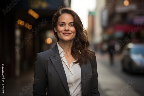 Portrait of a cheerful woman in her 30s wearing a professional suit jacket against a busy urban street. AI Generation