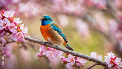 Little spring bird on a branch of a blossoming tree, blooming pink flowers, songbird in springtime