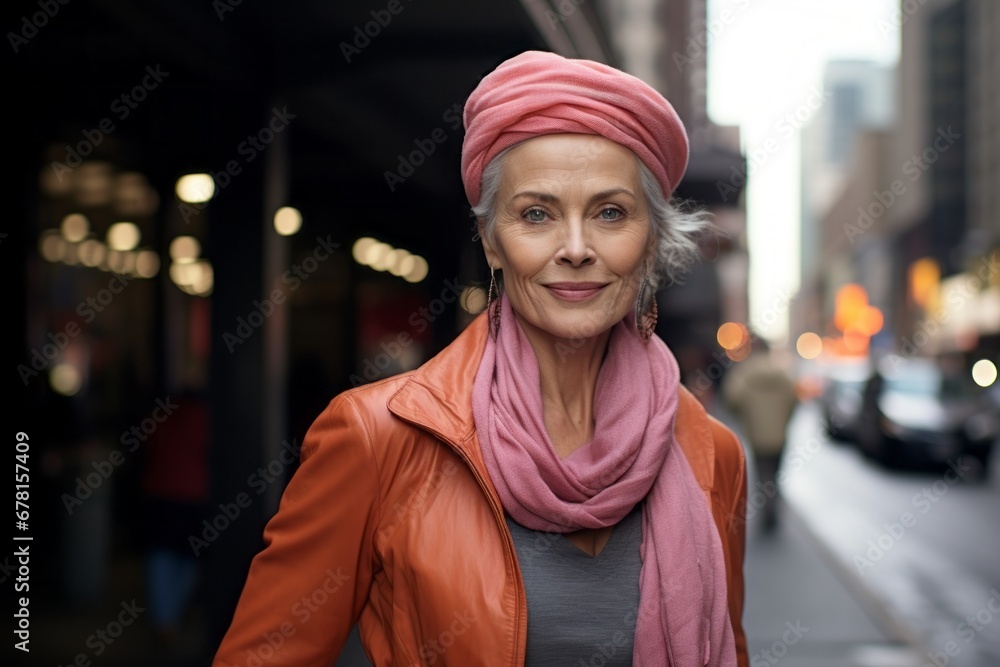 Portrait of a tender woman in her 60s wearing a versatile buff against a busy urban street. AI Generation Portrait of a tender woman in her 60s wearing a versatile buff against a busy urban street. AI Generation