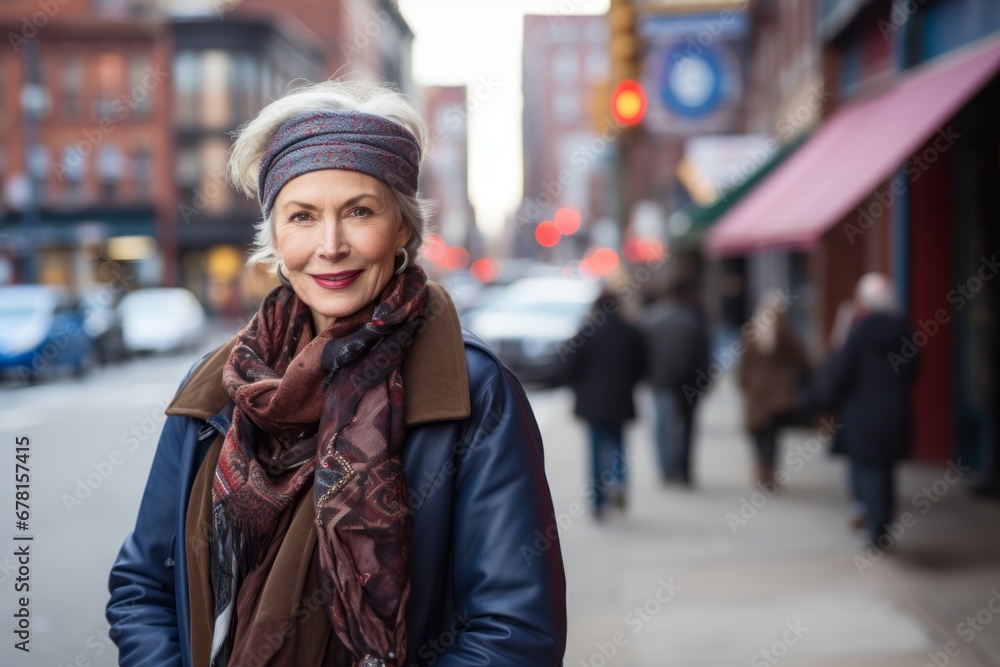 Portrait of a tender woman in her 60s wearing a versatile buff against a busy urban street. AI Generation Portrait of a tender woman in her 60s wearing a versatile buff against a busy urban street. AI Generation