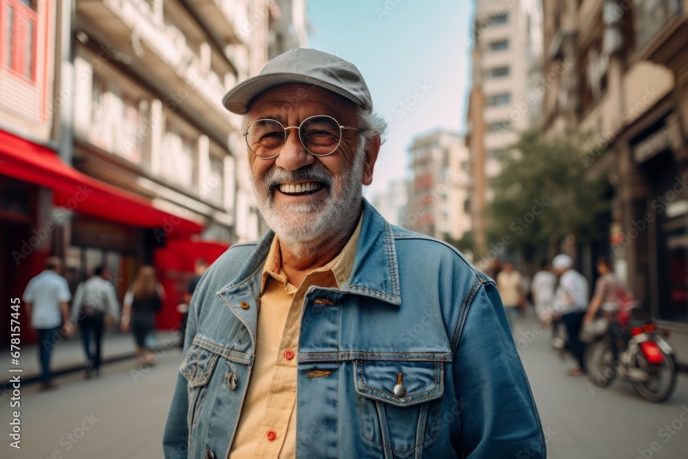 Portrait of a smiling elderly 100 years old man sporting a rugged denim jacket against a busy urban street. AI Generation