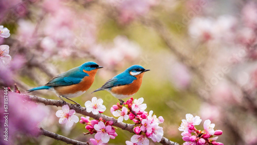 Little spring bird on a branch of a blossoming tree, blooming pink flowers, songbird in springtime © staras