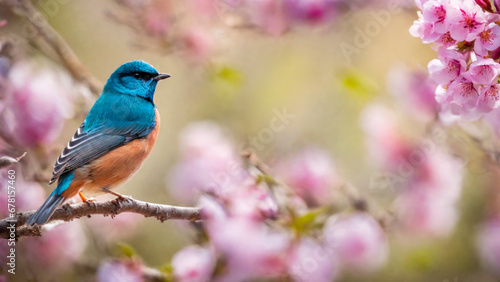 Little spring bird on a branch of a blossoming tree, blooming pink flowers, songbird in springtime © staras