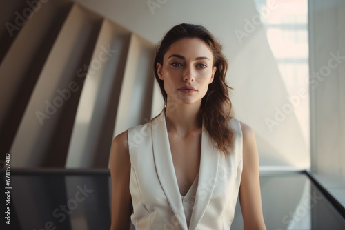 Portrait of a tender woman in her 30s dressed in a polished vest against a modern minimalist interior. AI Generation