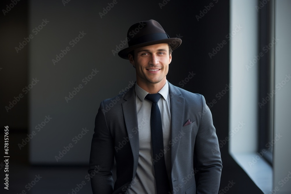Portrait of a smiling man in his 30s donning a classic fedora against a modern minimalist interior. AI Generation
