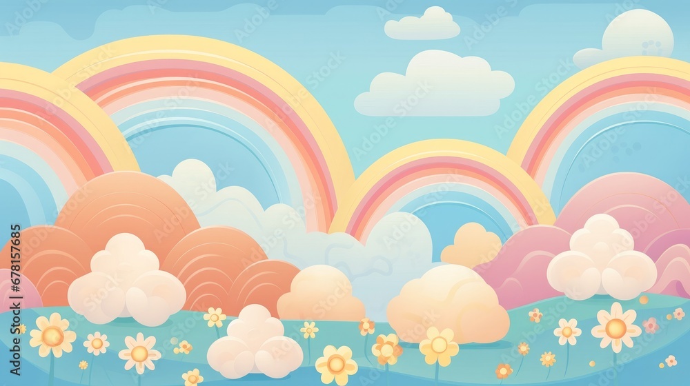 Fototapeta premium Vintage, funky background featuring clouds. flowers and rainbows with waves. Vibrant hues and a charming, retro vector design with abstract forms