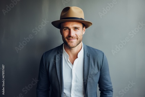 Portrait of a smiling man in his 30s donning a classic fedora against a modern minimalist interior. AI Generation