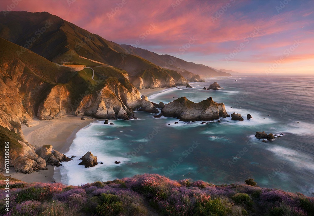 Obraz premium Sunset Sentinel: California's Big Sur Coastal Glow.