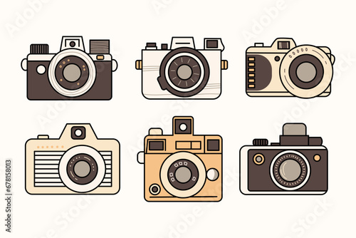 Clipart set of retro cameras isolated on a light background. Playful vintage film cameras in sepia tones.