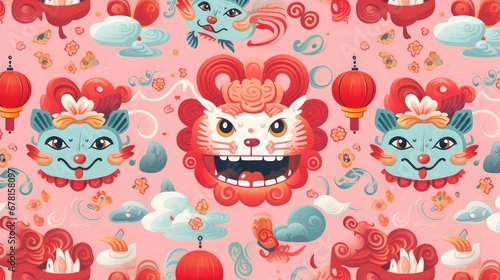 Children's illustration with dragon faces and asian elements on pastel color background for Happy Chinese New Year of the Dragon. Wallpaper. Pattern. Image generated with AI
